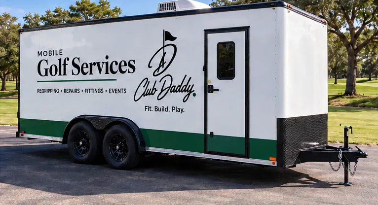 Design rendering of a white Club Daddy trailer reading Mobile Golf Services, with a forest-green lower band